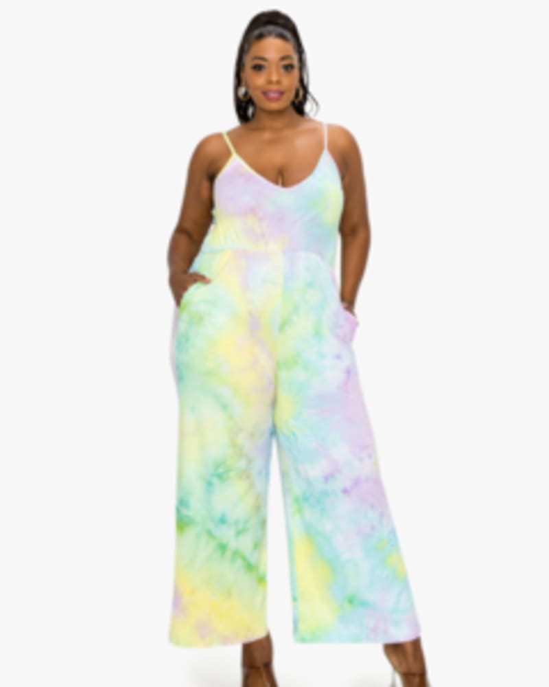 Front of a model wearing a plus size Andrea Tie Dye Wide Legged Jumpsuit in Lavender/Mint/Banana TD by L I V D. | dia_product_style_image_id:241686